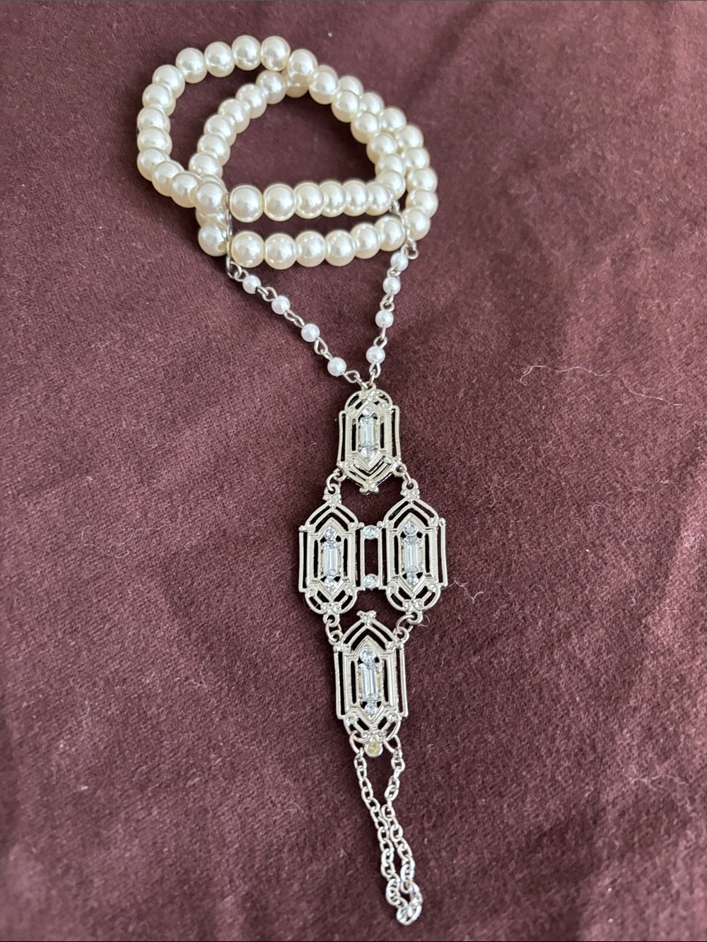 Pearl and Silver-Tone Art Deco Pendant Bracelet White, vintage
